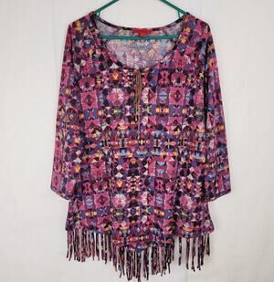 Joni B. stretch knit fringe top Size XL Southwestern Boho Artsy Maximal